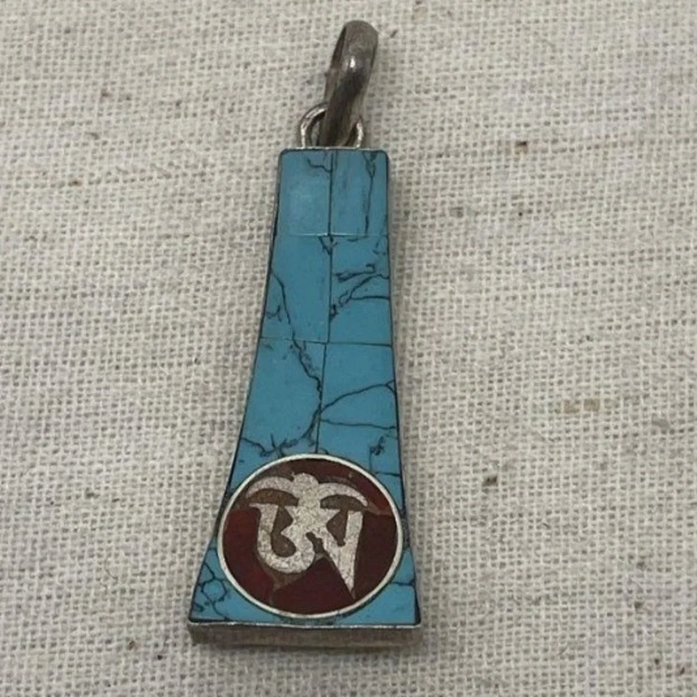 925 Sterling Silver Blue Red Inlay Om Curved Trapezoid Pendant Spiritual 4g